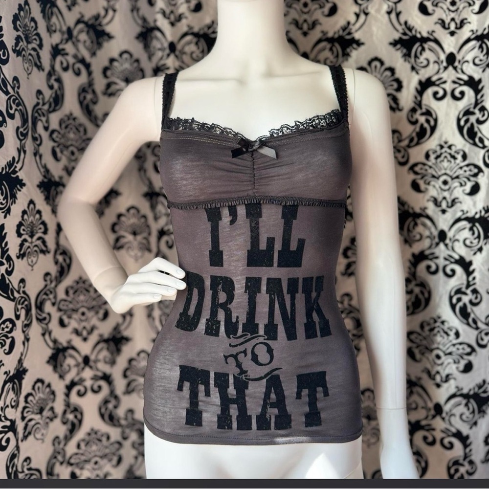 Gothic black n gray lace corset top w "I'll Drink to That" print w ruffles n bow